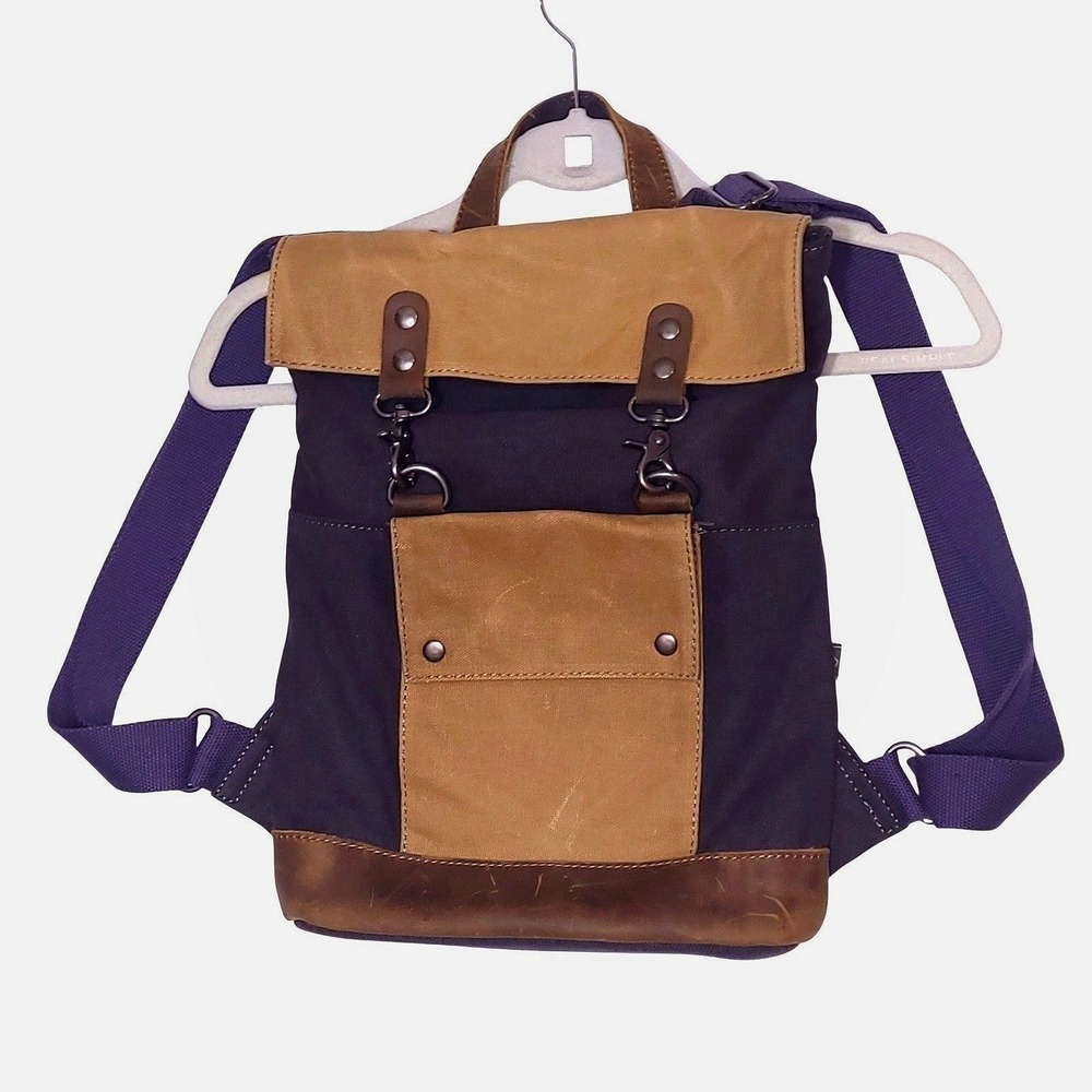 TSD Brand Earth & Style Canvas Leather Backpack Navy Blue & Tan Rugged Rucksack